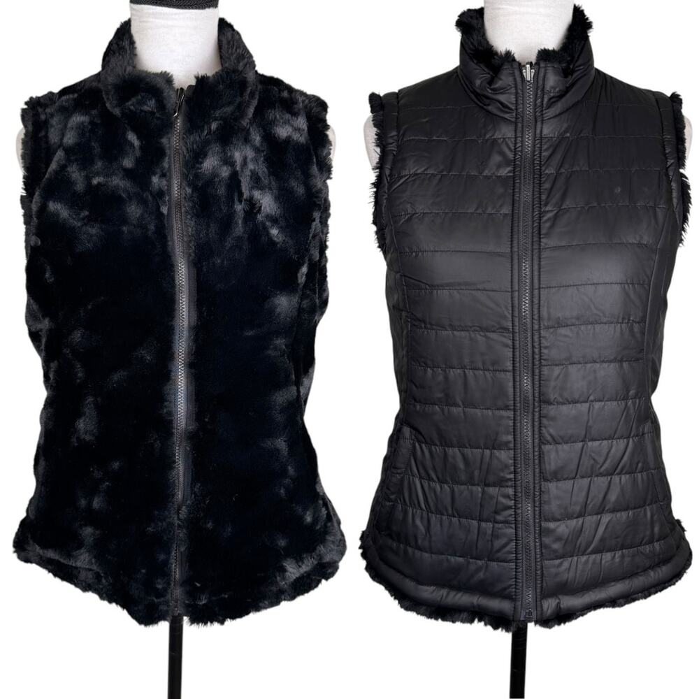 Original by Nicole Miller Black Reversible Faux Fur Mob Wife Zip Layering Vest